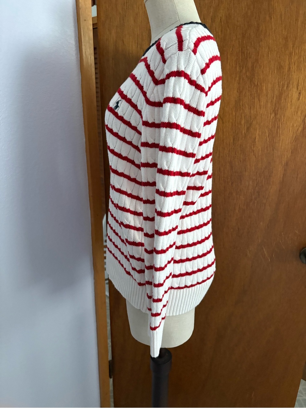 POLO RALPH LAUREN Boys sz XL 18-20 Cable Knit Sweater White Red Striped - Picture 3 of 8
